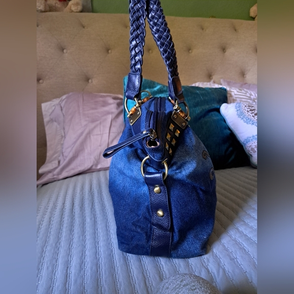 Rare Vintage Sharif Large Embroidered Denim Leather Jaguar Studded Shoulder Bag - Picture 5 of 14